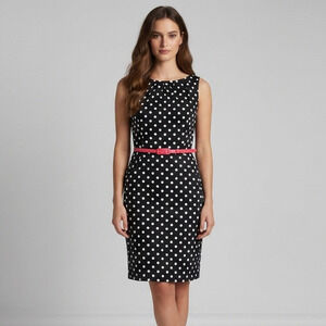 RALPH LAUREN  Polka Dot Sheath Dress Black White Belted Boat Neck Pockets Size 4